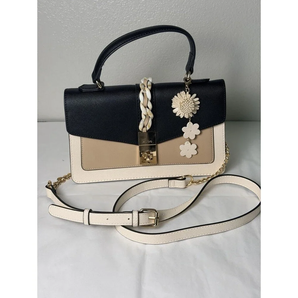 ALDO Tri-Color Satchel Purse Black Beige White - New Without Tags